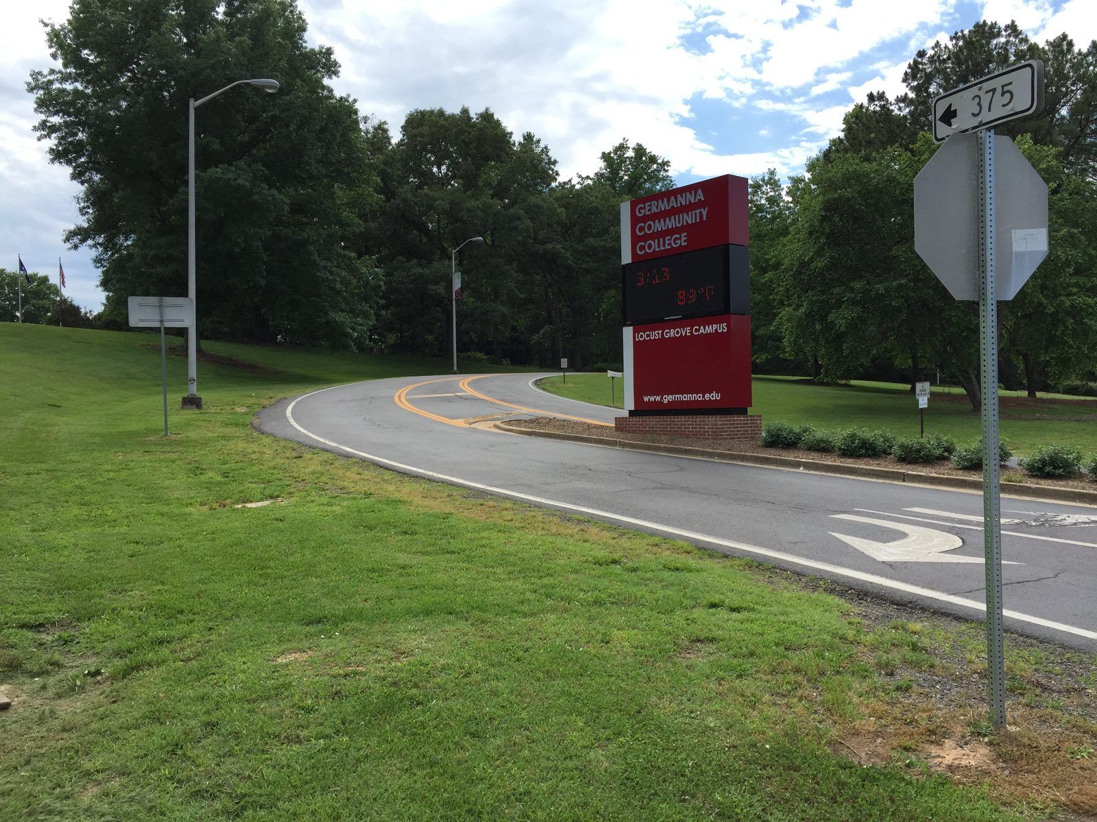 2017-05-31 15 12 26 View west at the east end of Virginia State Route 375 (College Drive) at Virginia State Route 3 (Germanna Highway) at the Germanna Community College Locust Grove Campus in Germanna Bridge, Orange County, Virginia
